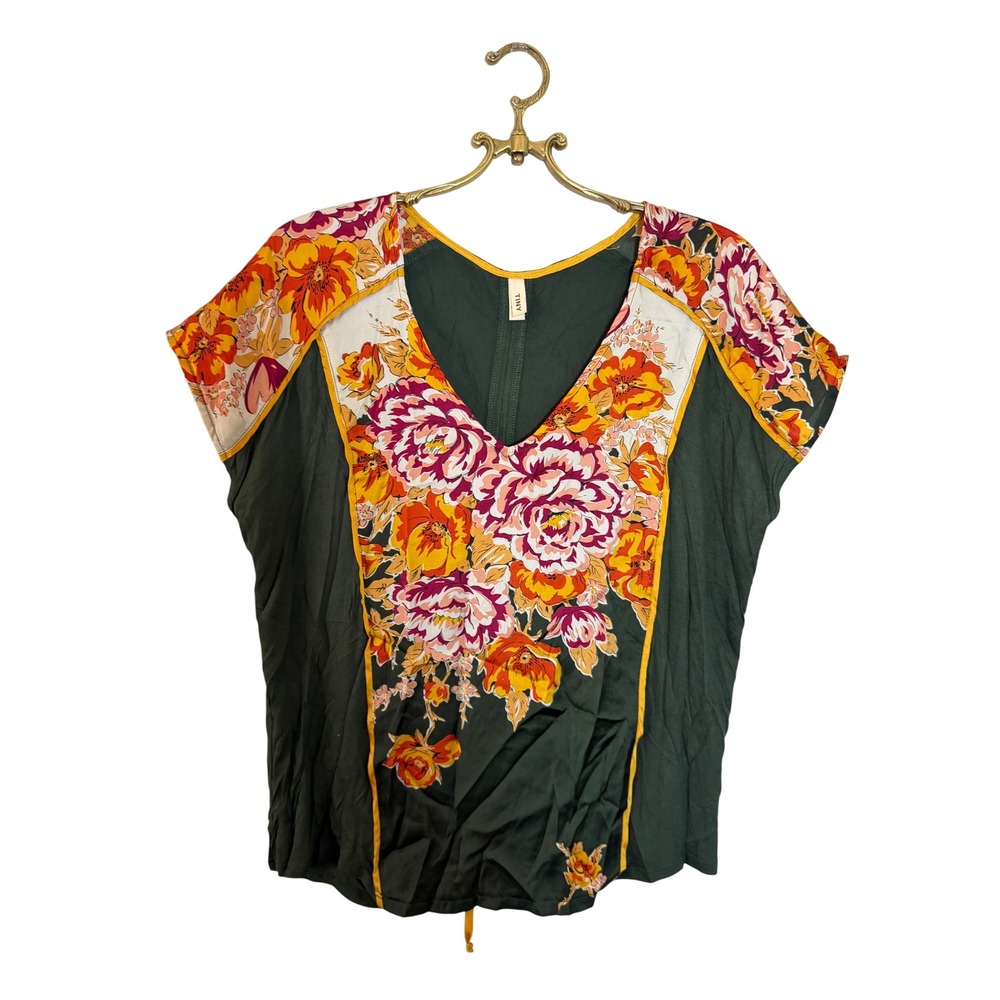 Anthropologie TINY Floral Mixed Print Boho V-Neck Cap Sleeve Top Green Medium
